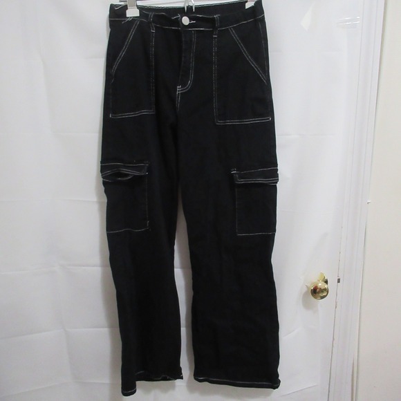 Honey Peach Pants - Honey Peach Cargo Pants Womens L Black wide leg Contrast Stitch Utility Street